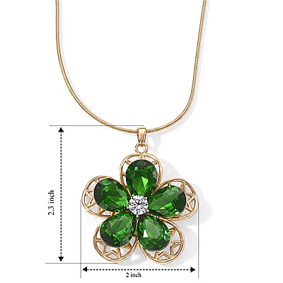 Green Glass, Austrian Crystal Flower Pendant Necklace (29.5-31.5Inches) in Goldtone