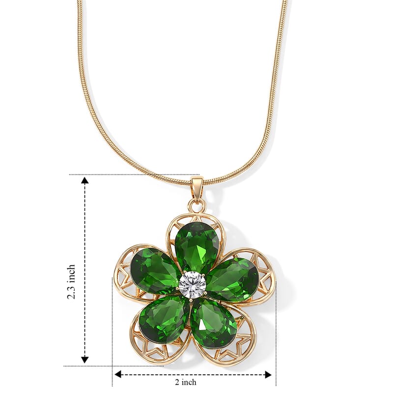 Green Glass, Austrian Crystal Flower Pendant Necklace (29.5-31.5Inches) in Goldtone