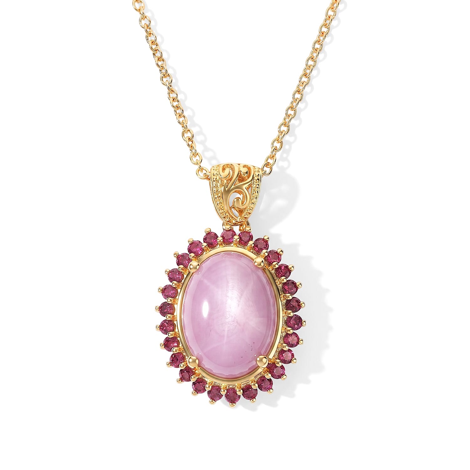 EverTrue Kunzite and Orissa Rhodolite Garnet 12.10 ctw Pendant in 18K YG Plated with ION Plated YG Stainless Steel Necklace 20 Inches
