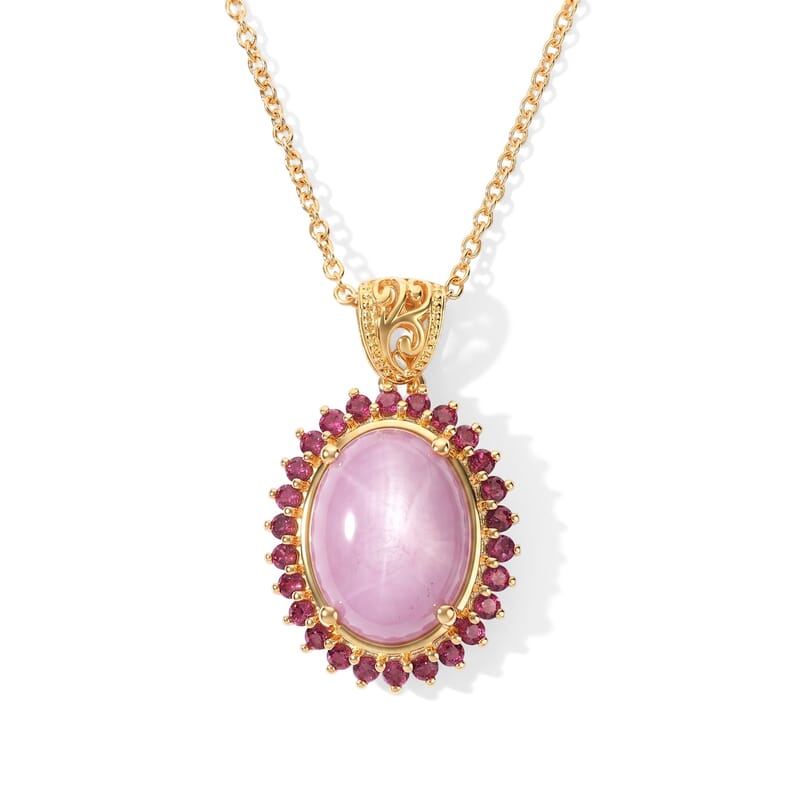 EverTrue Kunzite and Orissa Rhodolite Garnet 12.10 ctw Rose Bloom Pendant in 18K YG Plated with ION Plated YG Stainless Steel Necklace 20 Inches