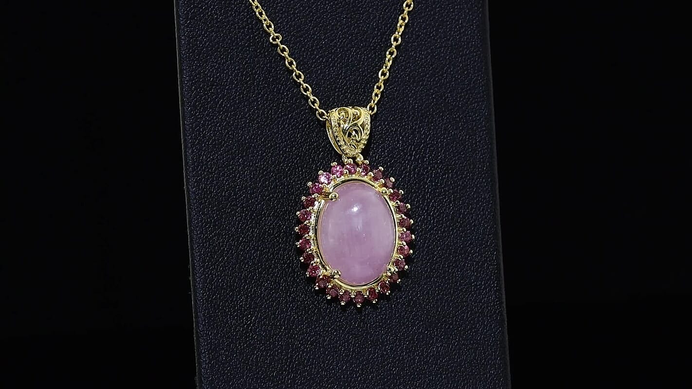 EverTrue Kunzite and Orissa Rhodolite Garnet 12.10 ctw Pendant in 18K YG Plated with ION Plated YG Stainless Steel Necklace 20 Inches