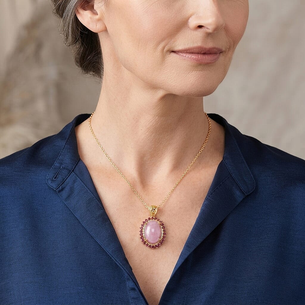 EverTrue Kunzite and Orissa Rhodolite Garnet 12.10 ctw Pendant in 18K YG Plated with ION Plated YG Stainless Steel Necklace 20 Inches