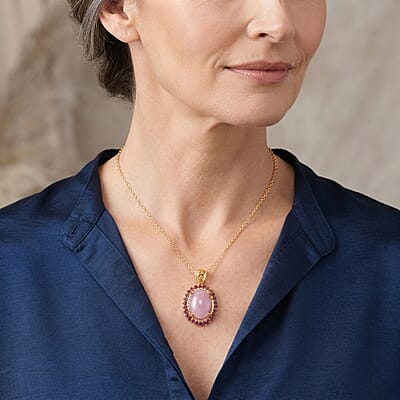 EverTrue Kunzite and Orissa Rhodolite Garnet 12.10 ctw Pendant in 18K YG Plated with ION Plated YG Stainless Steel Necklace 20 Inches