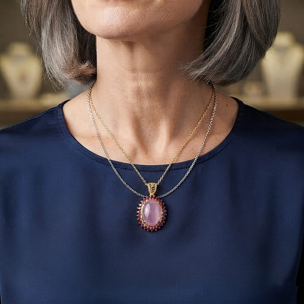 EverTrue Kunzite and Orissa Rhodolite Garnet 12.10 ctw Pendant in 18K YG Plated with ION Plated YG Stainless Steel Necklace 20 Inches