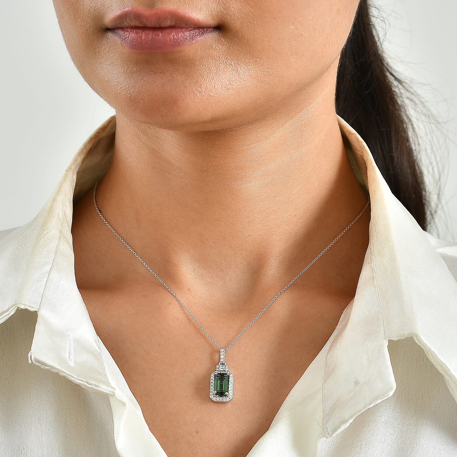 Luxoro AAA Mint Tourmaline and Diamond I2 2.50 ctw Pendant Necklace in 10K White Gold 20 Inches