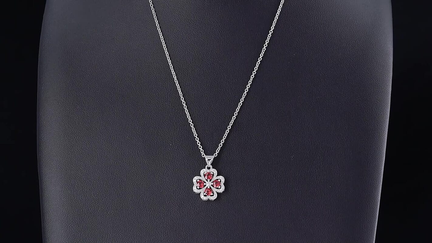 Mozambique Garnet and Simulated Diamond 1.05 ctw Pendant in Silvertone with Stainless Steel Necklace (20 Inches)