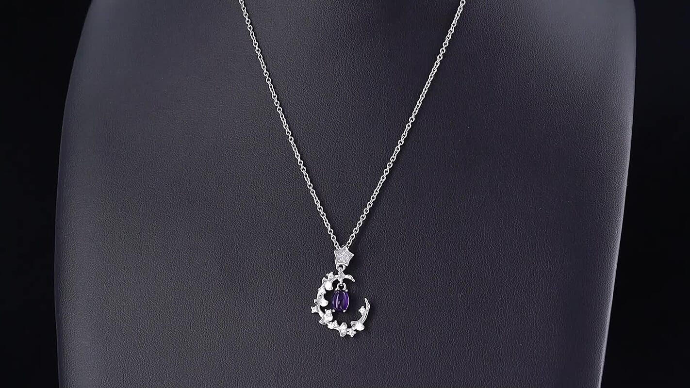 Amethyst and Simulated Diamond 0.85 ctw Pendant in Silvertone with Stainless Steel Necklace (20 Inches)