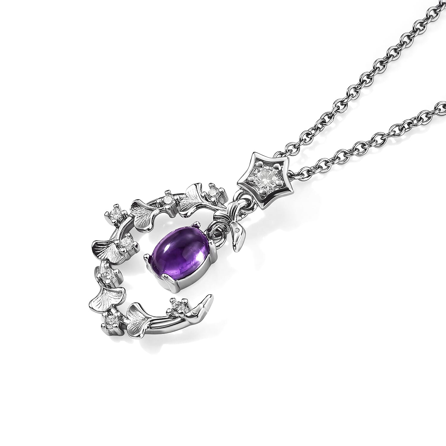 Amethyst and Simulated Diamond 0.85 ctw Pendant in Silvertone with Stainless Steel Necklace (20 Inches)