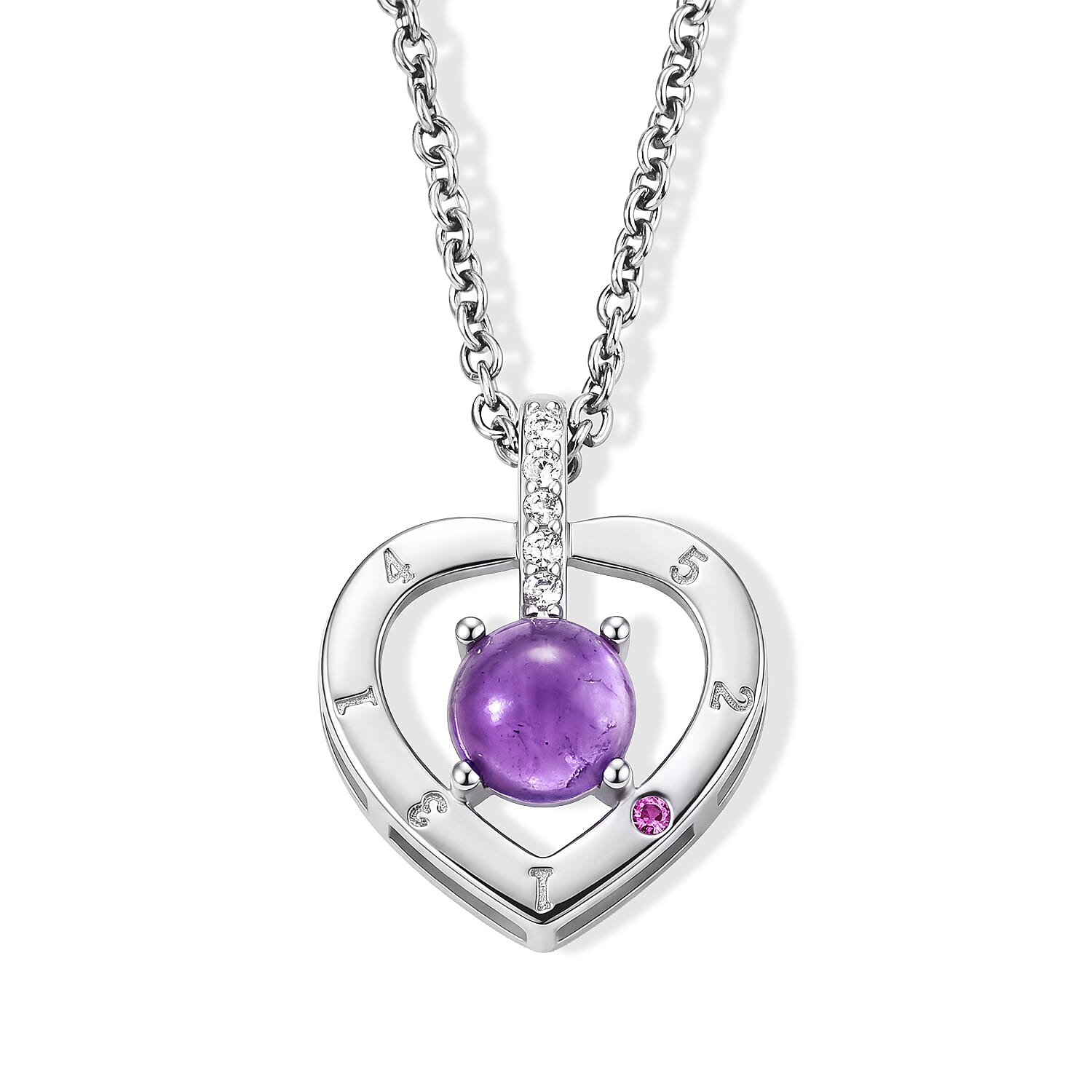 Amethyst and Simulated Diamond 0.55 ctw Pendant in Silvertone with Stainless Steel Necklace (20 Inches)