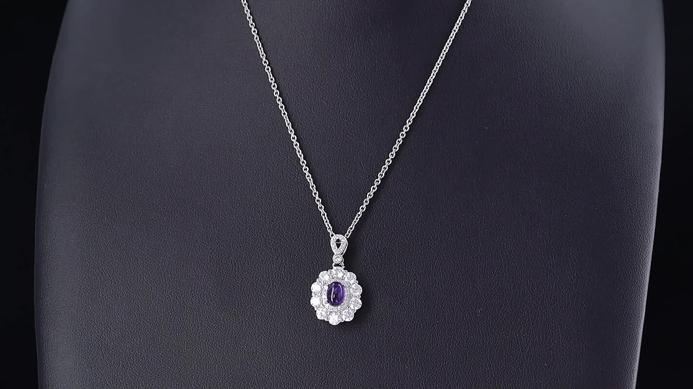Amethyst and Simulated Diamond 1.50 ctw Pendant in Silvertone with Stainless Steel Necklace (20 Inches)