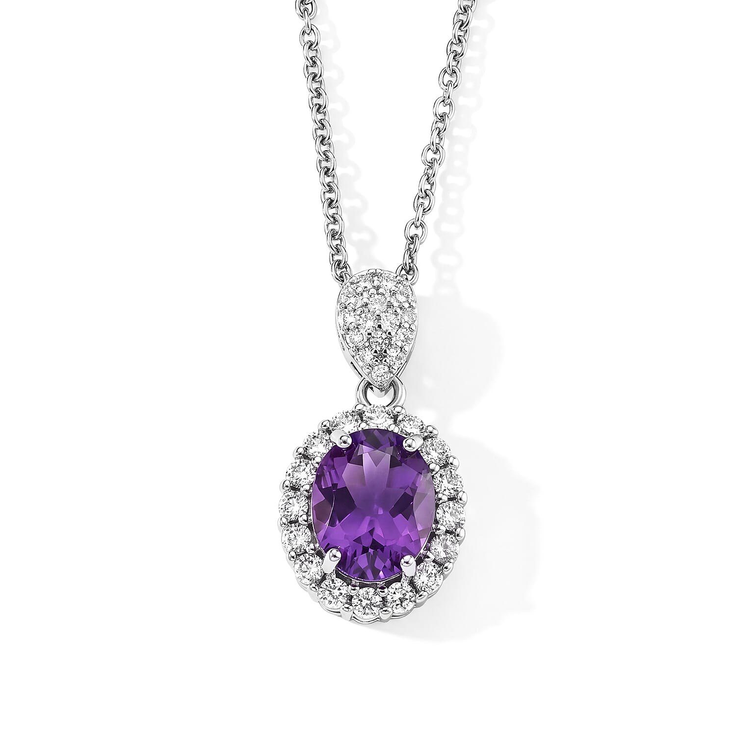 Amethyst and Simulated Diamond 3.00 ctw Pendant in Silvertone with Stainless Steel Necklace (20 Inches)