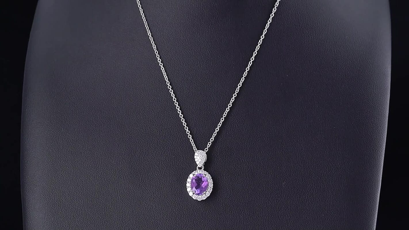 Amethyst and Simulated Diamond 3.00 ctw Pendant in Silvertone with Stainless Steel Necklace (20 Inches)
