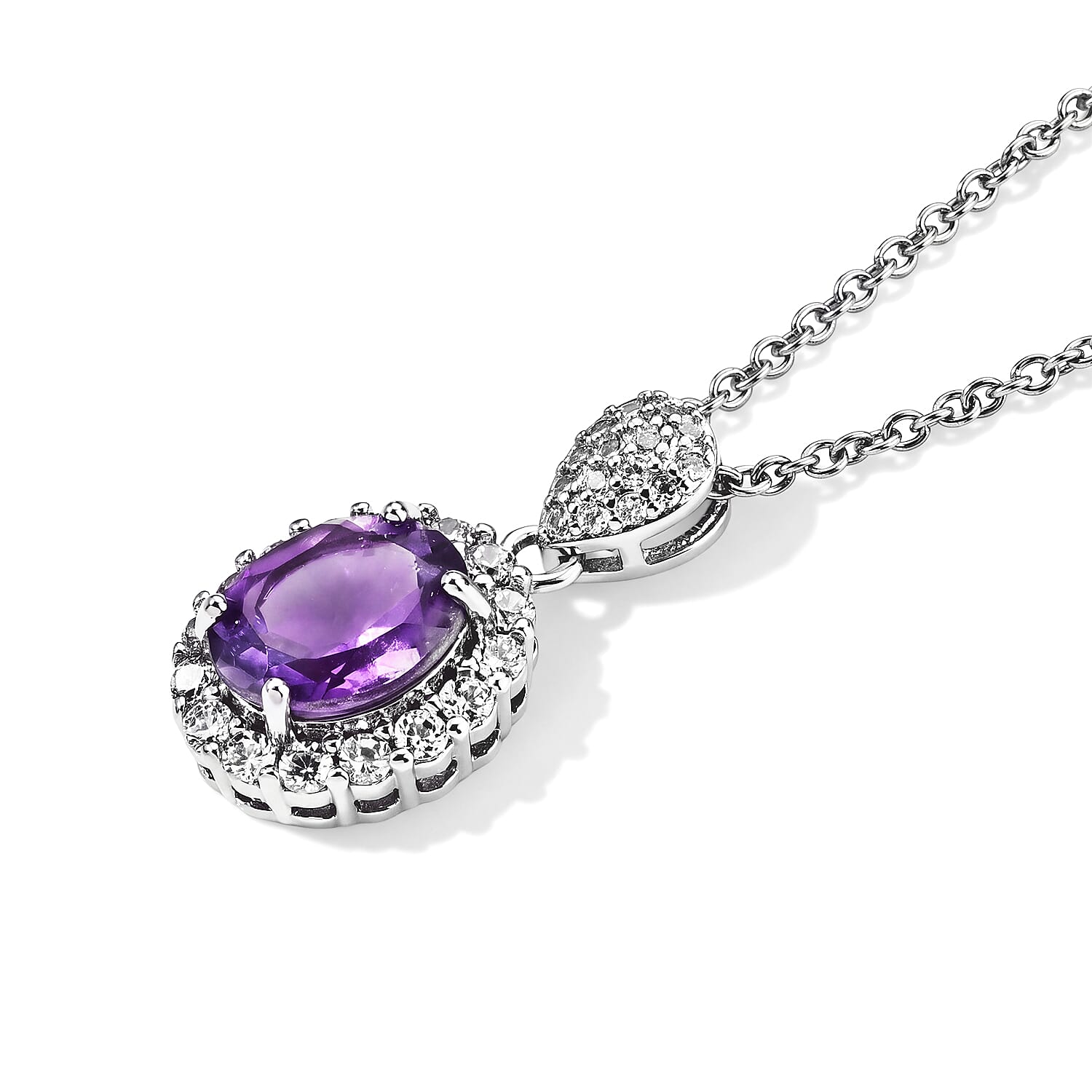 Amethyst and Simulated Diamond 3.00 ctw Pendant in Silvertone with Stainless Steel Necklace (20 Inches)