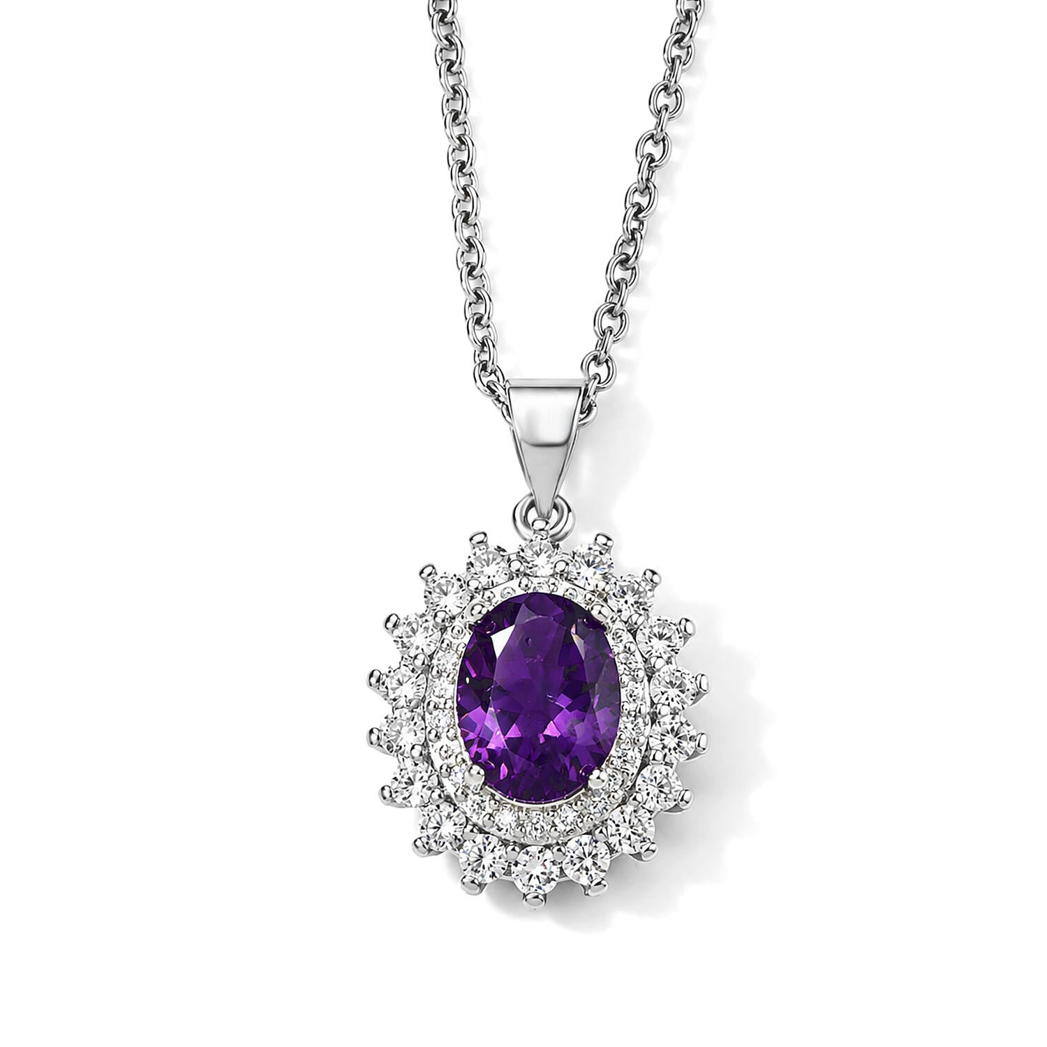 Amethyst and Simulated Diamond 3.00 ctw Pendant in Silvertone with Stainless Steel Necklace (20 Inches)