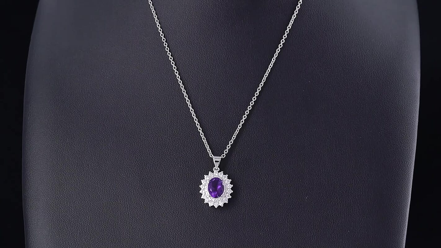 Amethyst and Simulated Diamond 3.00 ctw Pendant in Silvertone with Stainless Steel Necklace (20 Inche)