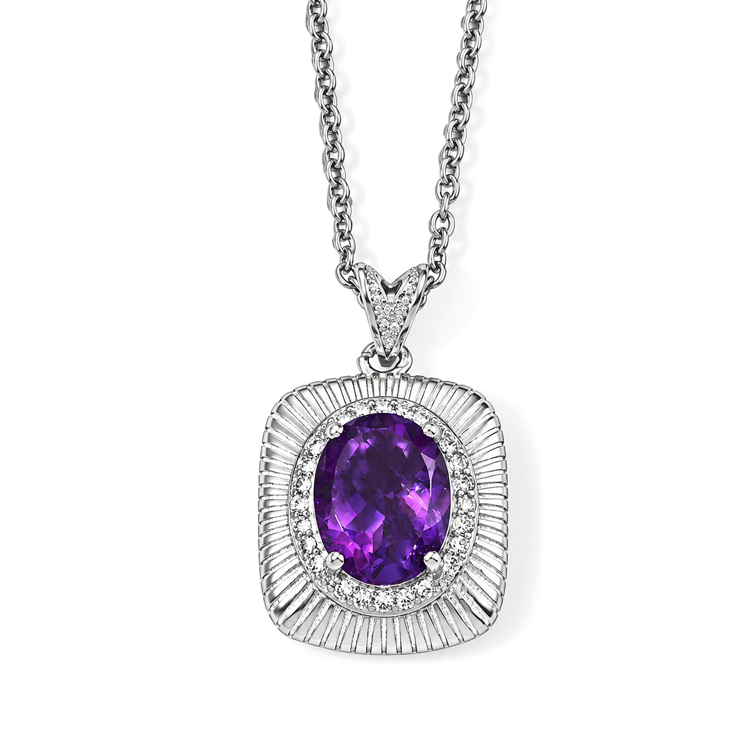 Amethyst and Simulated Diamond 3.05 ctw Pendant in Silvertone with Stainless Steel Necklace (20 Inches)