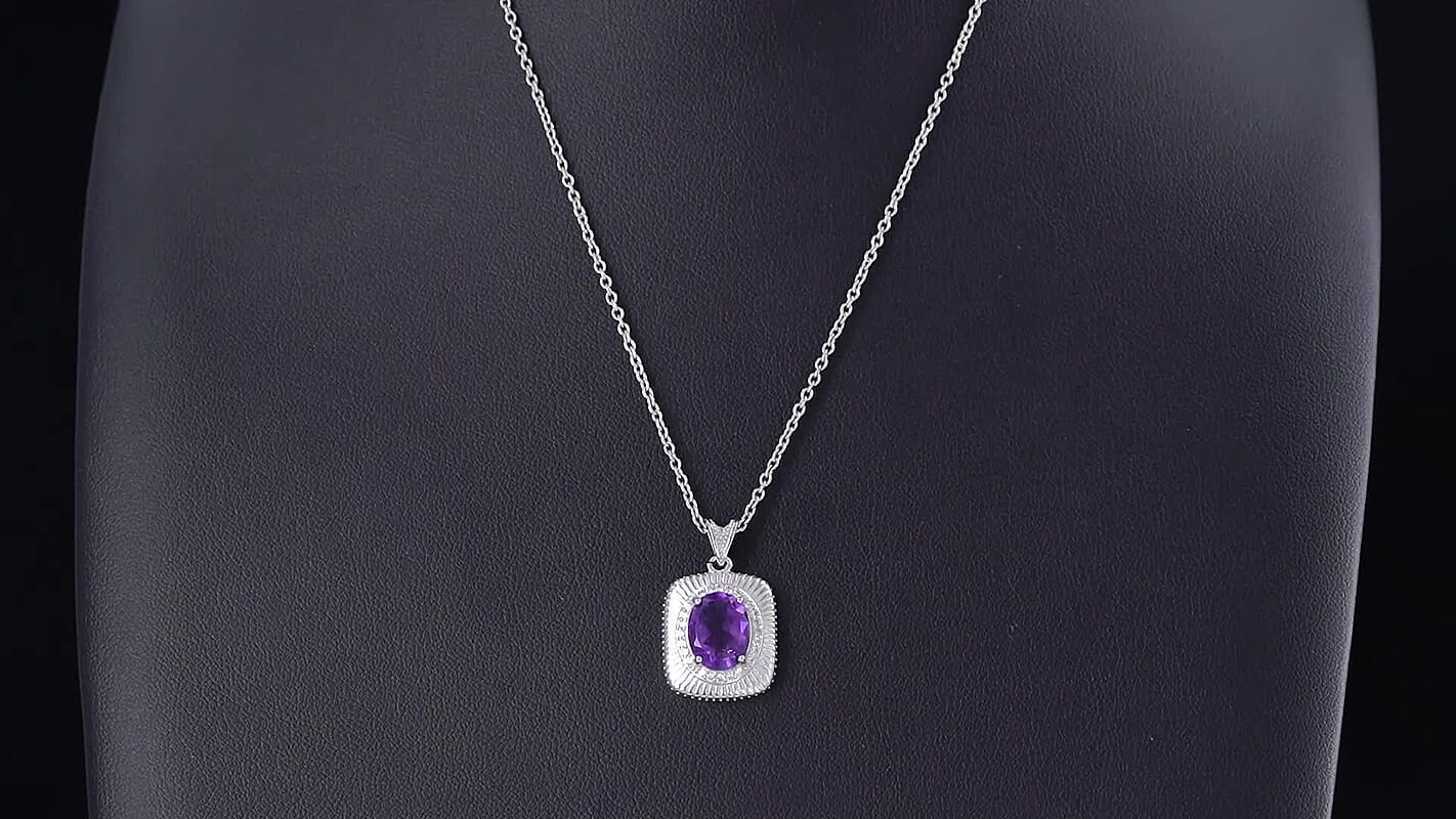Amethyst and Simulated Diamond 3.05 ctw Pendant in Silvertone with Stainless Steel Necklace (20 Inches)