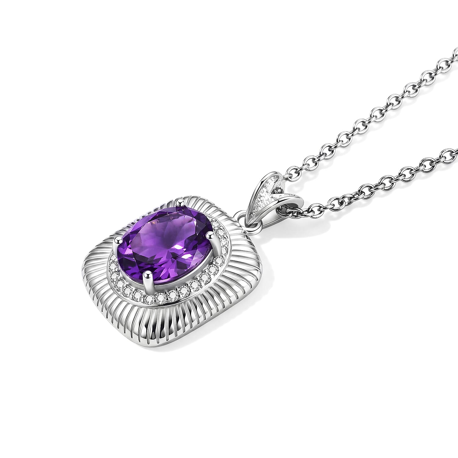 Amethyst and Simulated Diamond 3.05 ctw Pendant in Silvertone with Stainless Steel Necklace (20 Inches)