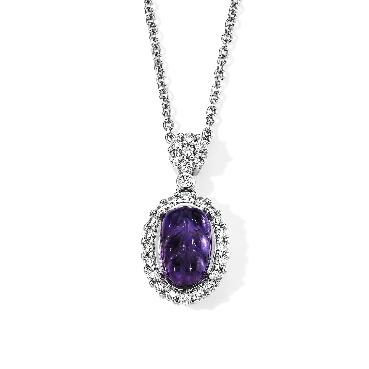 Amethyst and Simulated Diamond 3.00 ctw Pendant in Silvertone with Stainless Steel Necklace (20 Inches)