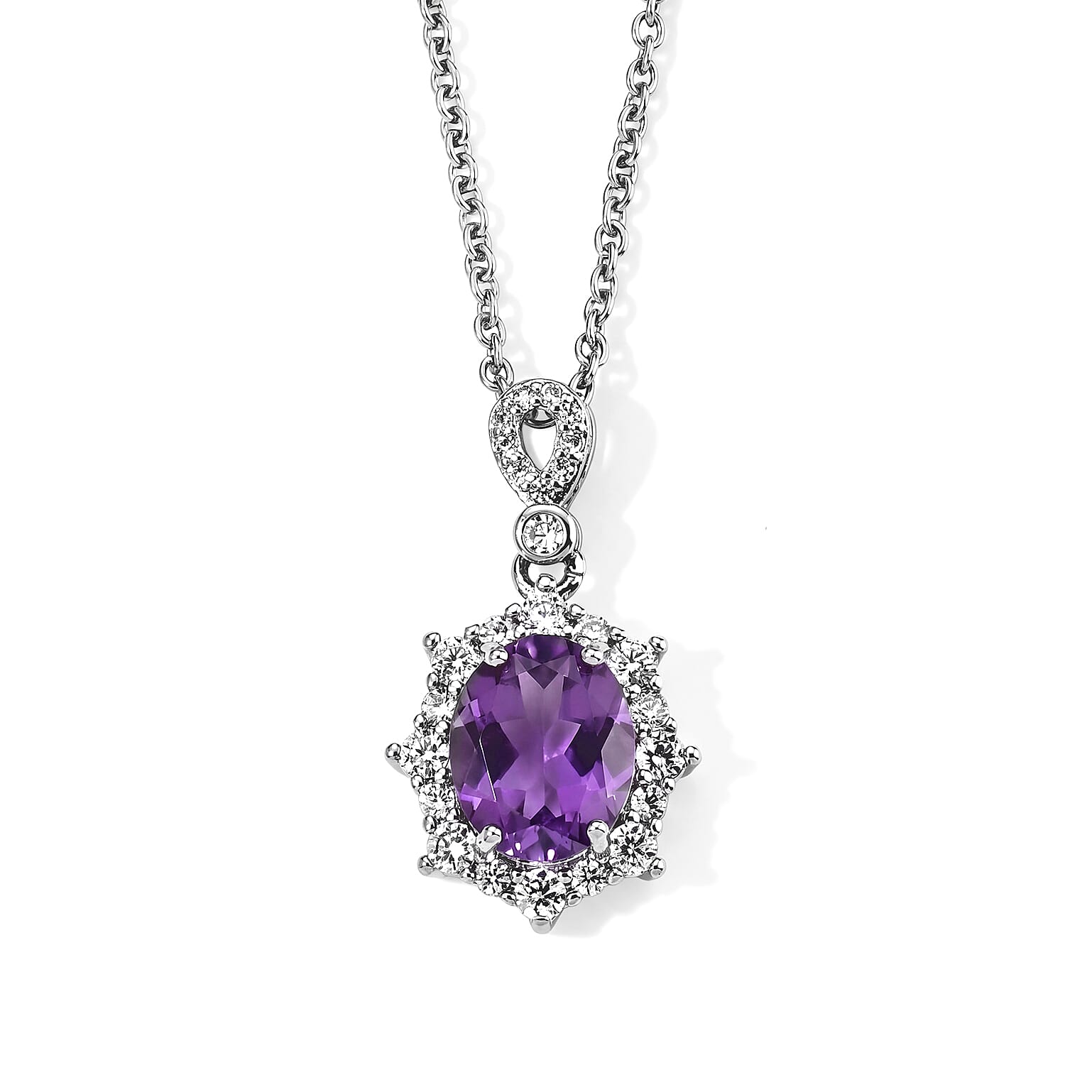 Amethyst and Simulated Diamond 3.00 ctw Pendant in Silvertone with Stainless Steel Necklace (20 Inches)