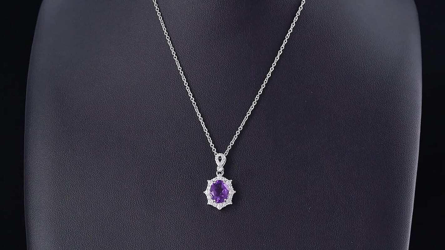 Amethyst and Simulated Diamond 3.00 ctw Pendant in Silvertone with Stainless Steel Necklace (20 Inch)