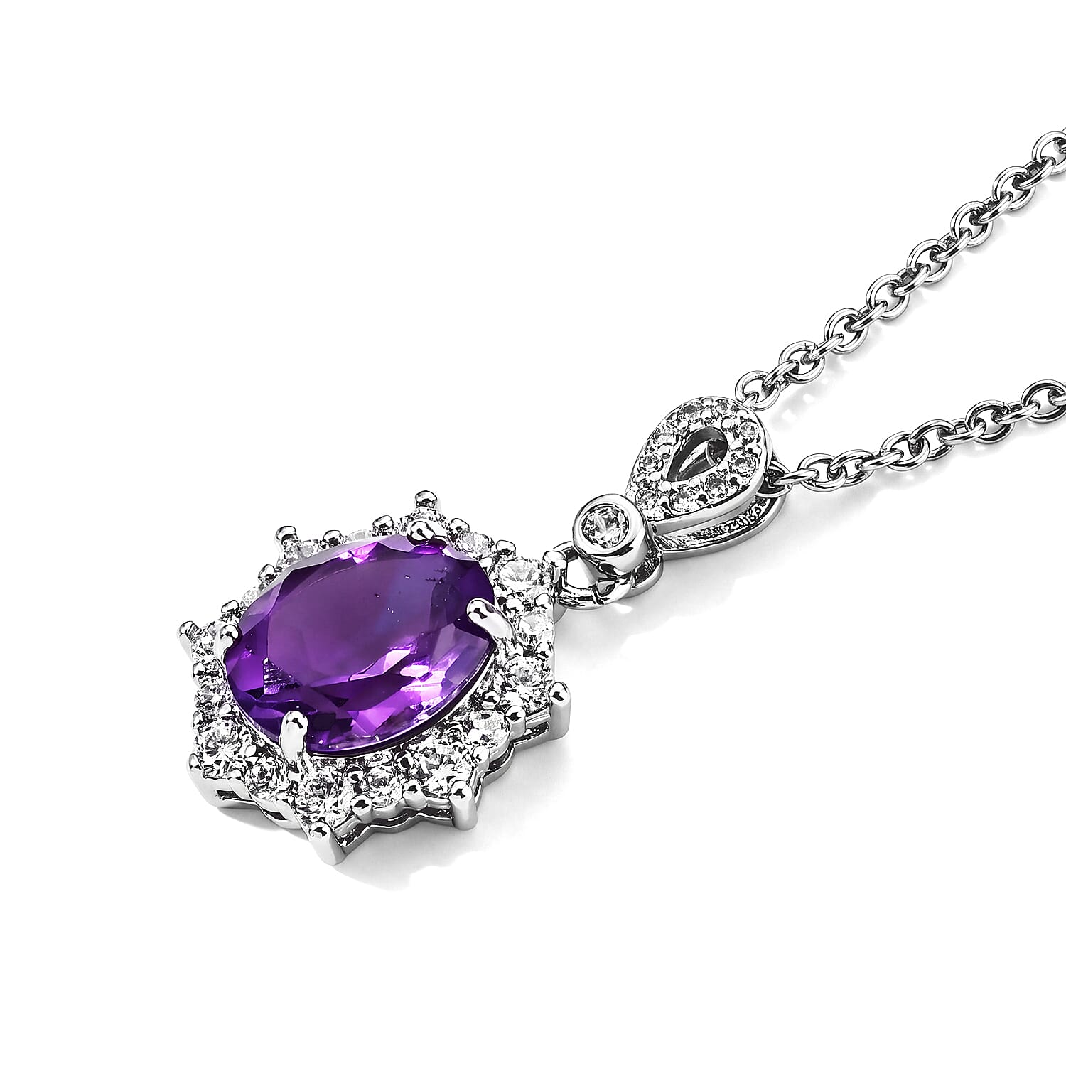 Amethyst and Simulated Diamond 3.00 ctw Pendant in Silvertone with Stainless Steel Necklace (20 Inches)