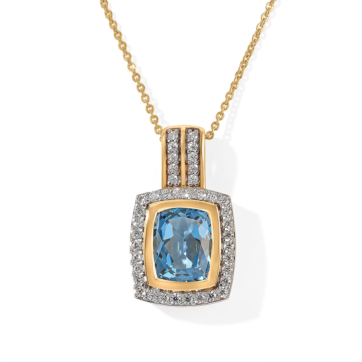 D''Joy Premium Certified Swiss Blue Topaz and Moissanite 4.10 ctw Pendant Necklace in 18K Vermeil Yellow Gold Over Sterling Silver 20 Inches