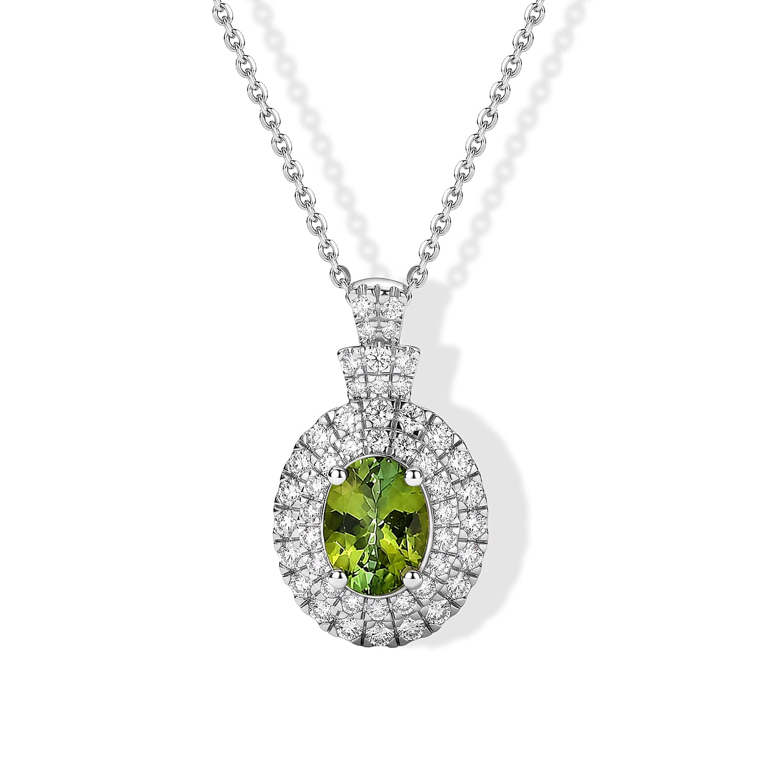 Certified & Appraised D'Joy Premium Sapo Tourmaline and Moissanite 1.90 ctw Pendant Necklace in Rhodium Over Sterling Silver 18 Inches
