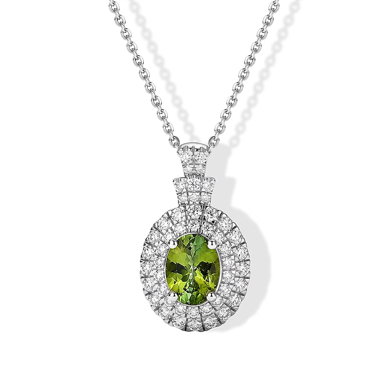 Certified & Appraised D'Joy Premium Sapo Tourmaline and Moissanite 1.90 ctw Pendant Necklace in Rhodium Over Sterling Silver 18 Inches