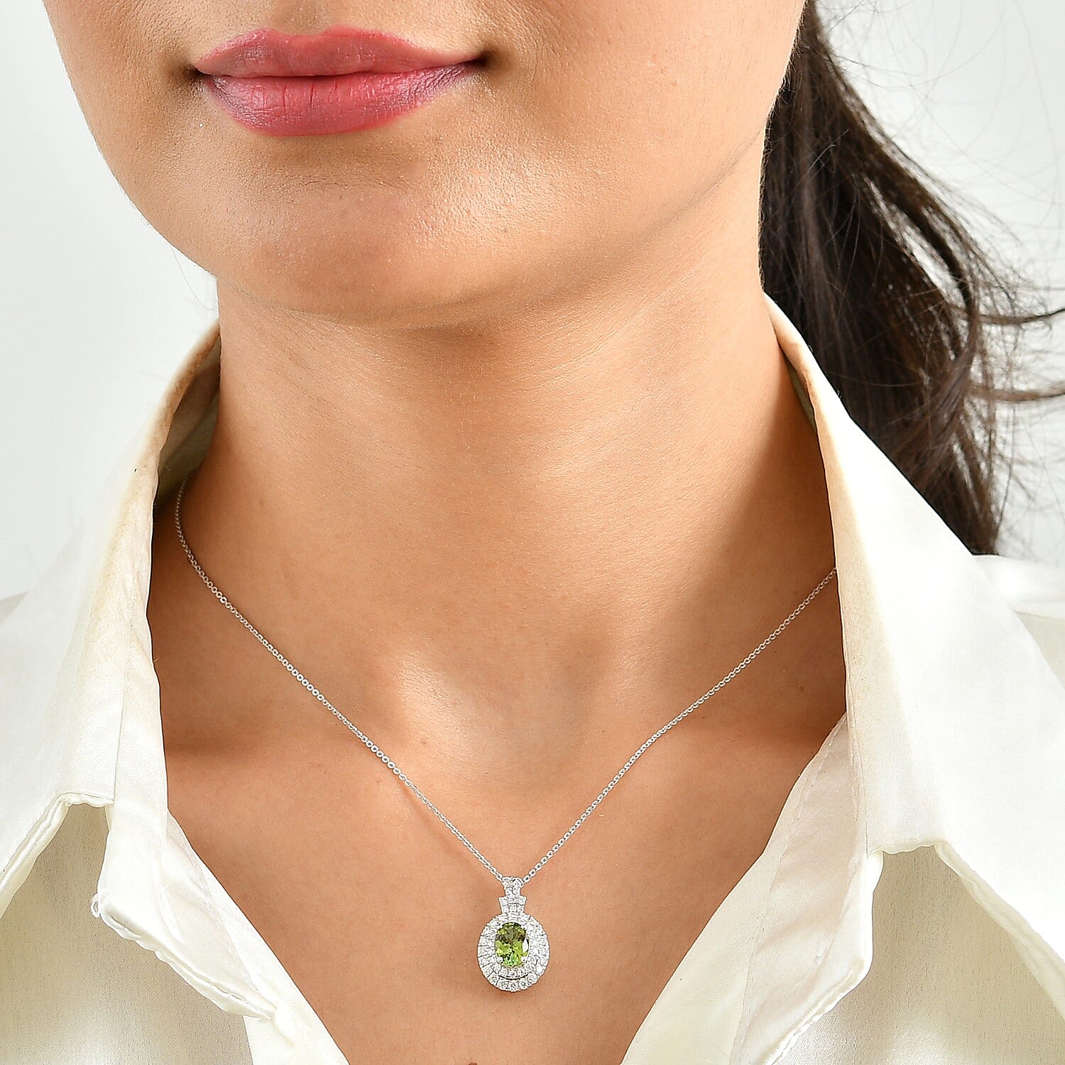 Certified & Appraised D'Joy Premium Sapo Tourmaline and Moissanite 1.90 ctw Pendant Necklace in Rhodium Over Sterling Silver 18 Inches