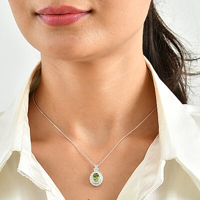 Certified & Appraised D'Joy Premium Sapo Tourmaline and Moissanite 1.90 ctw Pendant Necklace in Rhodium Over Sterling Silver 18 Inches