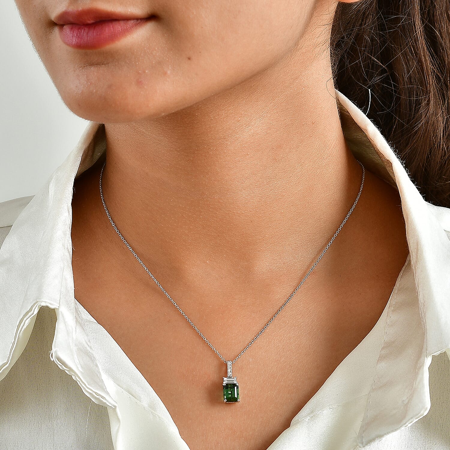 AAA Mint Tourmaline and Luxuriant Lab Grown Diamond G VS 2.10 ctw Pendant Necklace in 10K White Gold (20 Inches)