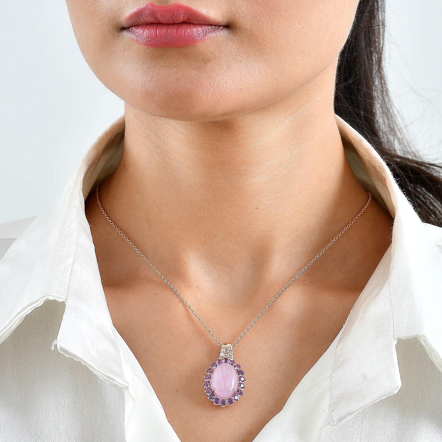 EverTrue Kunzite and Multi Gemstone 11.80 ctw Pendant in 18K RG Plated with ION Plated RG Stainless Steel Necklace 20 Inches