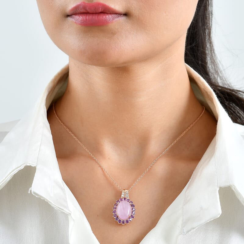 EverTrue Kunzite and Multi Gemstone 11.80 ctw Blush Crown Pendant in 18K RG Plated with ION Plated RG Stainless Steel Necklace 20 Inches