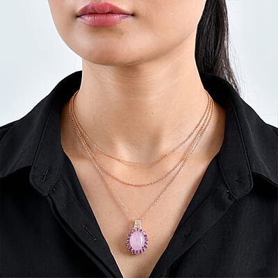 EverTrue Kunzite and Multi Gemstone 11.80 ctw Pendant in 18K RG Plated with ION Plated RG Stainless Steel Necklace 20 Inches