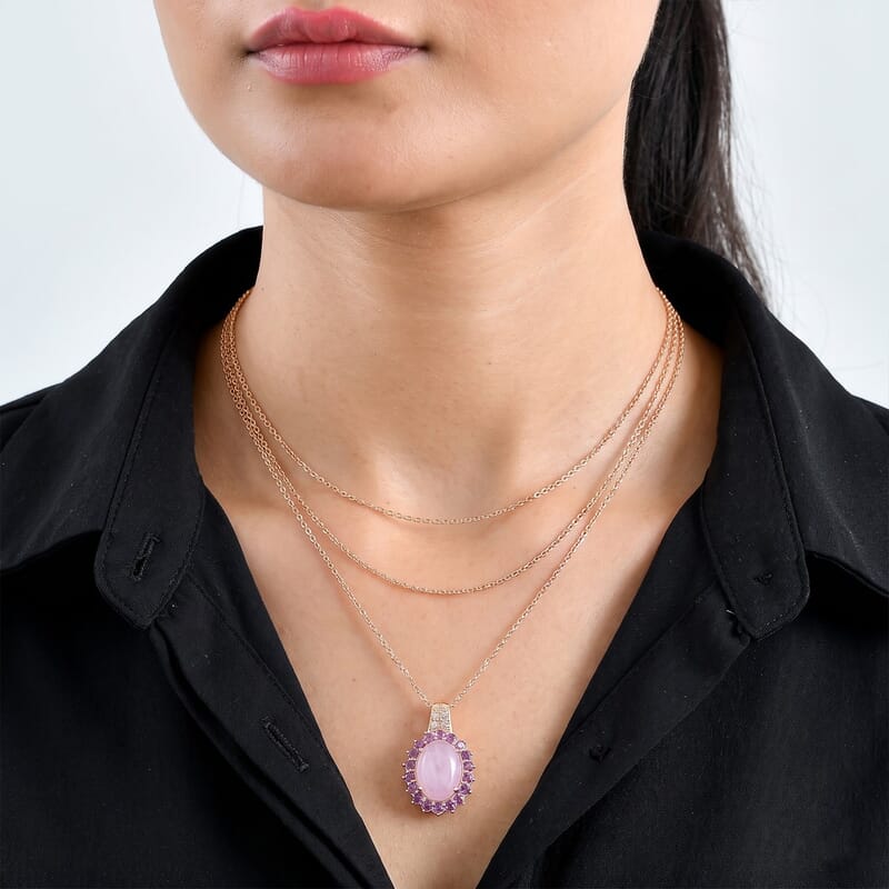EverTrue Kunzite and Multi Gemstone 11.80 ctw Blush Crown Pendant in 18K RG Plated with ION Plated RG Stainless Steel Necklace 20 Inches