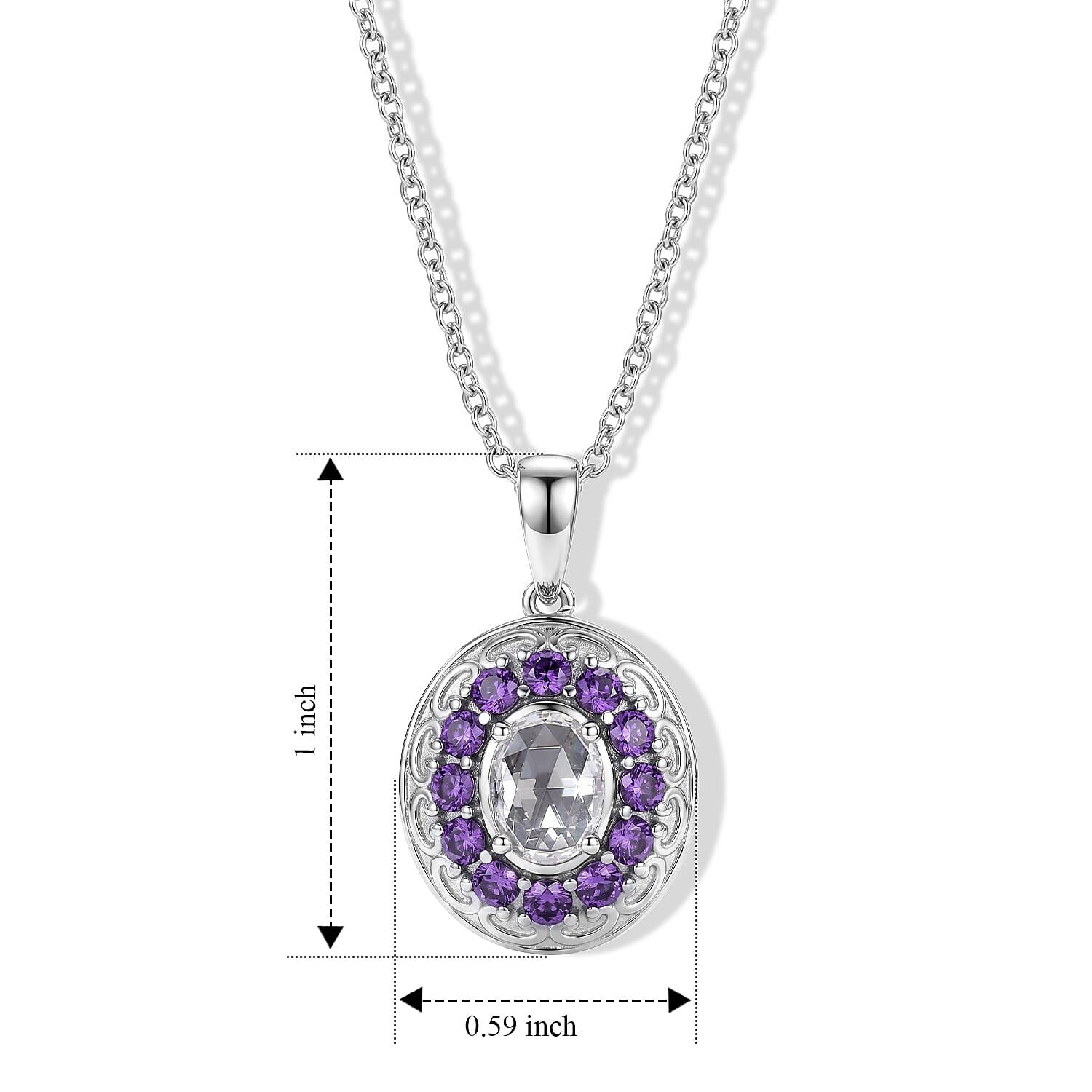 EverTrue Simulated White and Amethyst Color Diamond Pendant Necklace in Stainless Steel 20 Inches