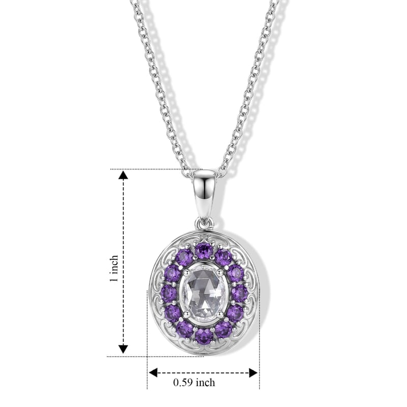 EverTrue Simulated White and Amethyst Color Diamond Crown Pendant Necklace in Stainless Steel 20 Inches