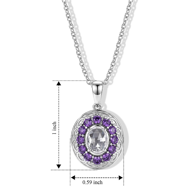 EverTrue Simulated White and Amethyst Color Diamond Pendant Necklace in Stainless Steel 20 Inches