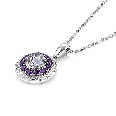 EverTrue Simulated White and Amethyst Color Diamond Pendant Necklace in Stainless Steel 20 Inches