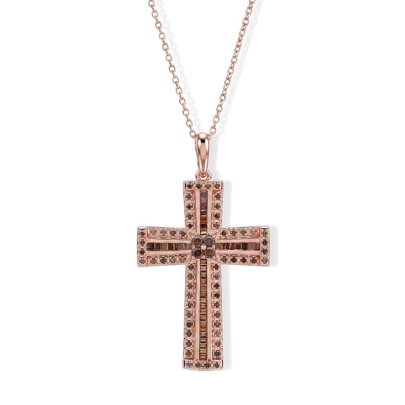 D'Joy Natural Red Diamond 0.50 ctw Cross Pendant Necklace (18 Inches) in 18K Vermeil Rose Gold Over Sterling Silver