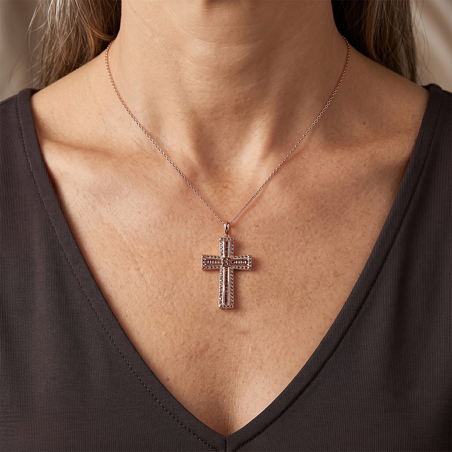 D'Joy Natural Red Diamond 0.50 ctw Cross Pendant Necklace (18 Inches) in 18K Vermeil Rose Gold Over Sterling Silver