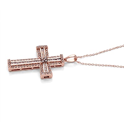 D'Joy Natural Red Diamond 0.50 ctw Cross Pendant Necklace (18 Inches) in 18K Vermeil Rose Gold Over Sterling Silver