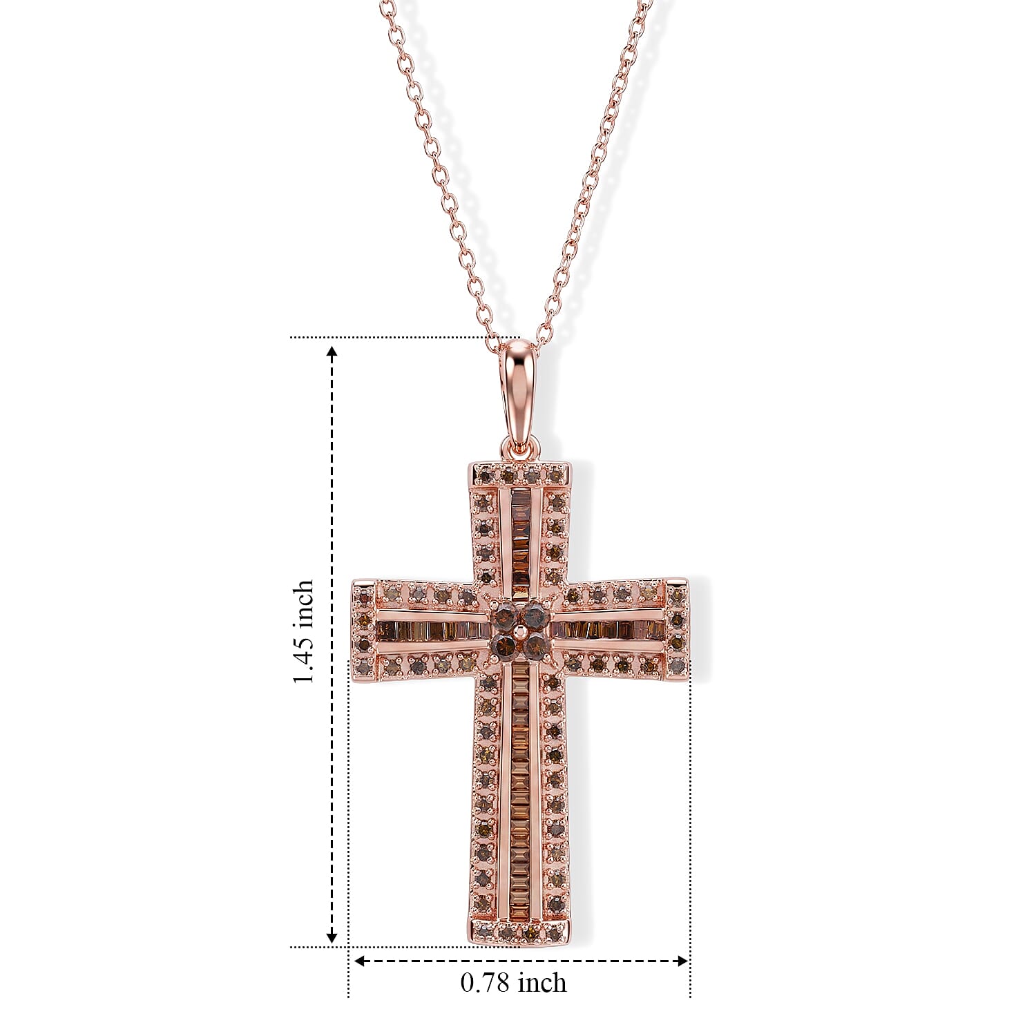 D'Joy Natural Red Diamond 0.50 ctw Cross Pendant Necklace (18 Inches) in 18K Vermeil Rose Gold Over Sterling Silver