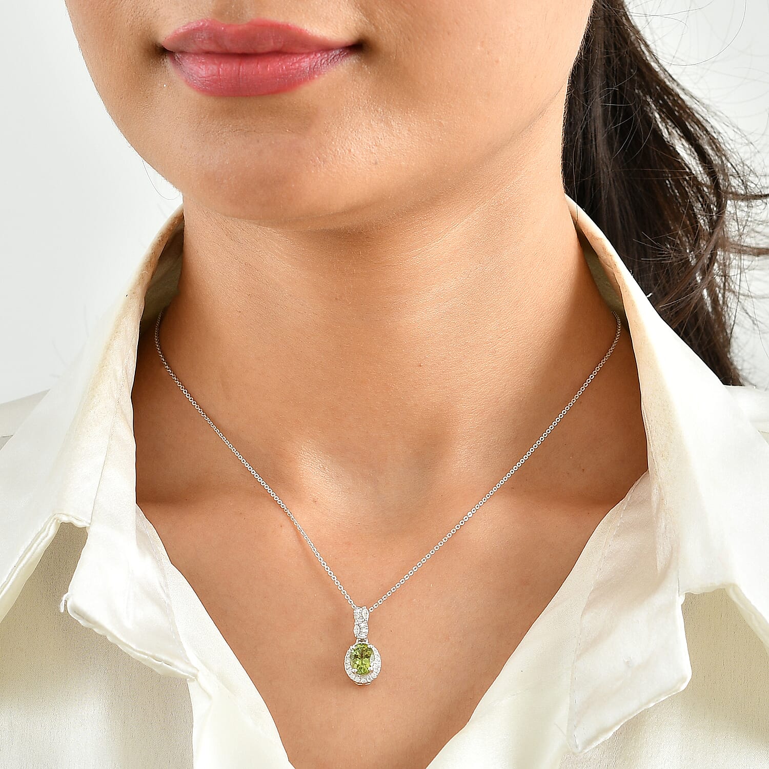Certified & Appraised D'Joy Premium Sapo Tourmaline and Moissanite 1.50 ctw Pendant Necklace in Rhodium Over Sterling Silver 18 Inches
