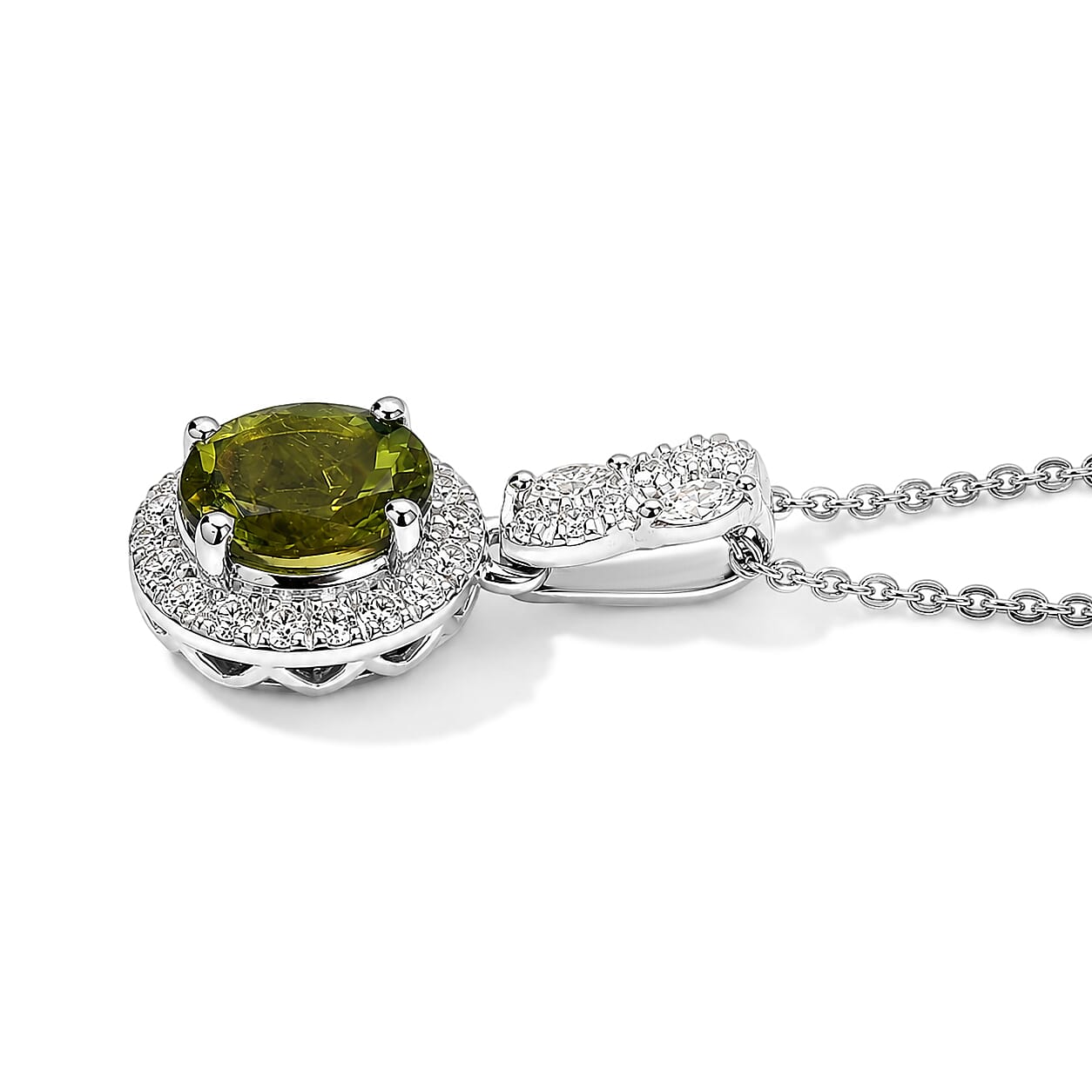 Certified & Appraised D'Joy Premium Sapo Tourmaline and Moissanite 1.50 ctw Pendant Necklace in Rhodium Over Sterling Silver 18 Inches