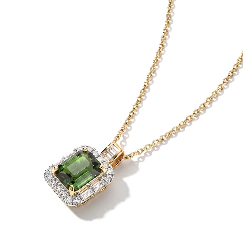 Certified & Appraised AAA Sapo Green Tourmaline and Luxuriant Lab Grown Diamond G-H SI 1.90 ctw Pendant Necklace in 10K Yellow Gold 18 Inches