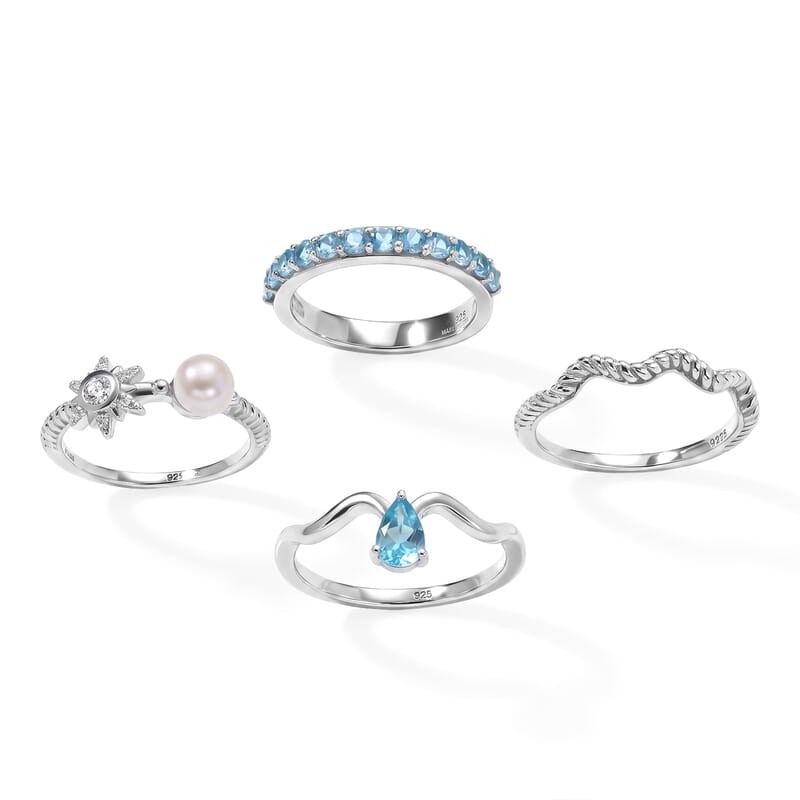 D'Joy Freshwater Pearl, Apatite and Moissanite 1.65 ctw Set of 4 Coastal Brilliance Ring in Rhodium Over Sterling Silver (Size 6.0)