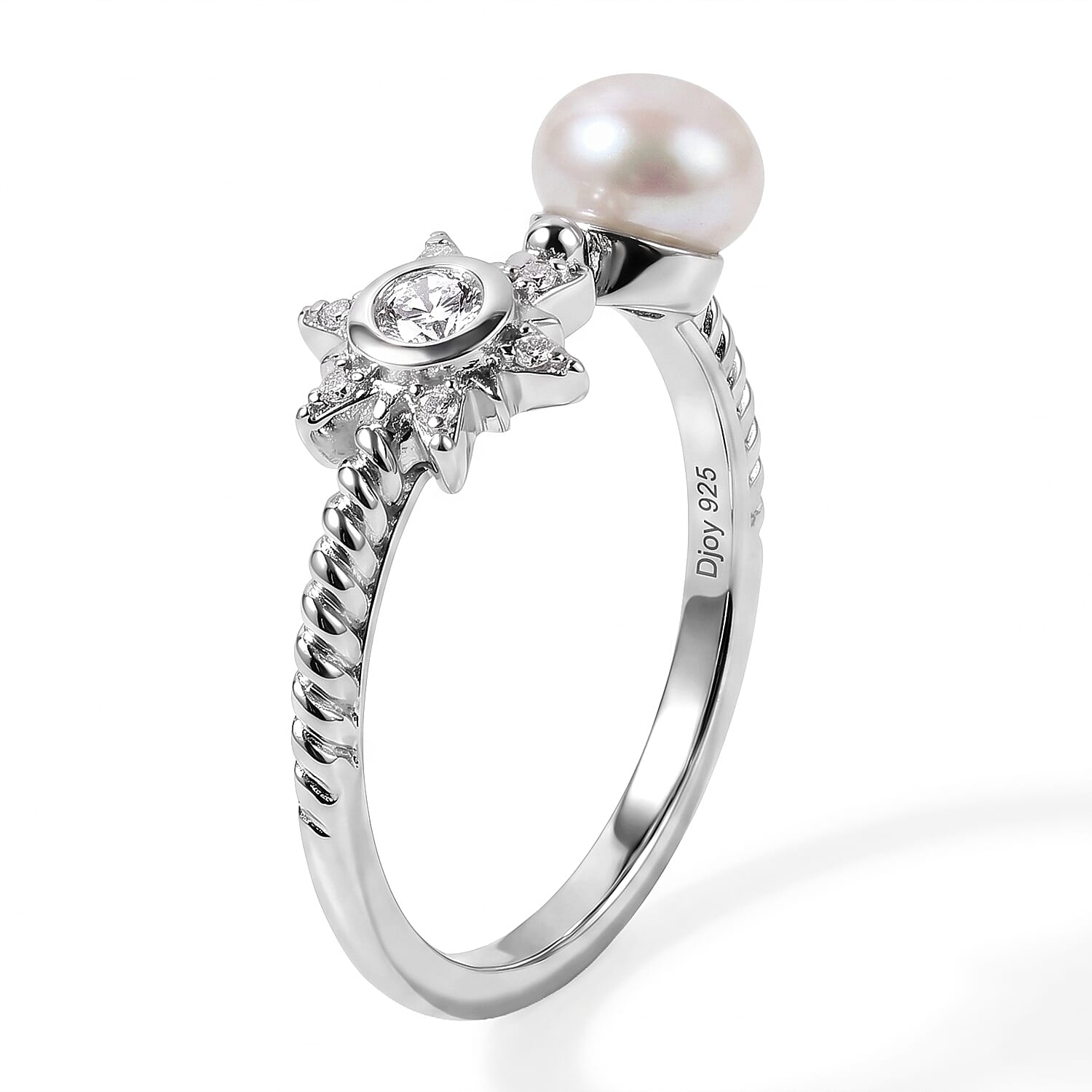 D'Joy Freshwater Pearl, Apatite and Moissanite 1.65 ctw Set of 4 Coastal Brilliance Ring in Rhodium Over Sterling Silver (Size 6.0)
