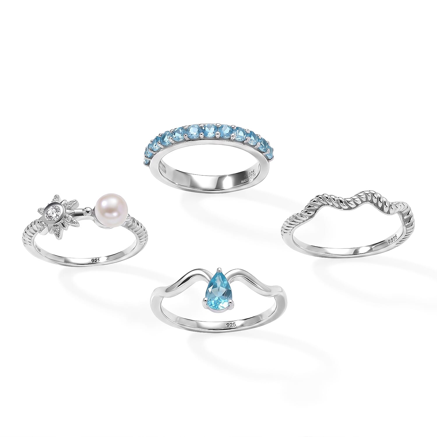 D'Joy AAA Apatite, Fresh Water Pearl and Moissanite 1.65 ctw Set of 4 Ring in Rhodium Over Sterling Silver (Size 7.0)